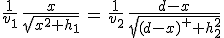 \frac{1}{v_1}\,\frac{x}{sqrt{x^2+h^2_1}}\,=\,\frac{1}{v_2}\,\frac{d-x}{sqrt{(d-x)^2+h^2_2}}